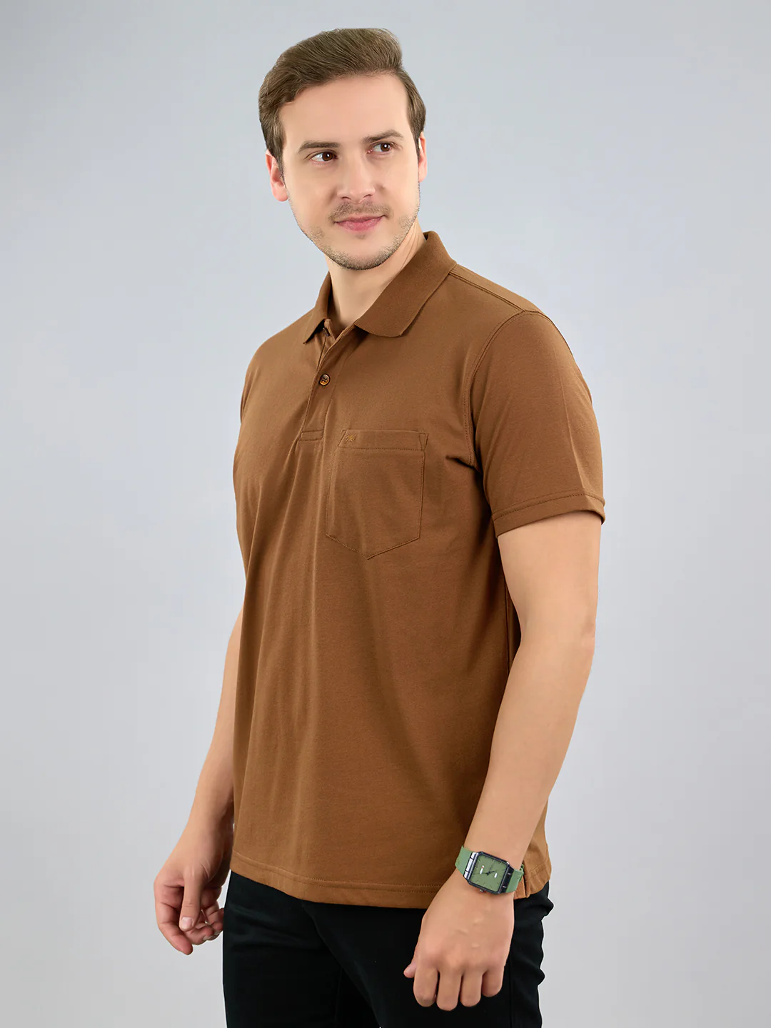 Men Brown Solid Polo Collar Half Sleeve T-Shirt - Image 3