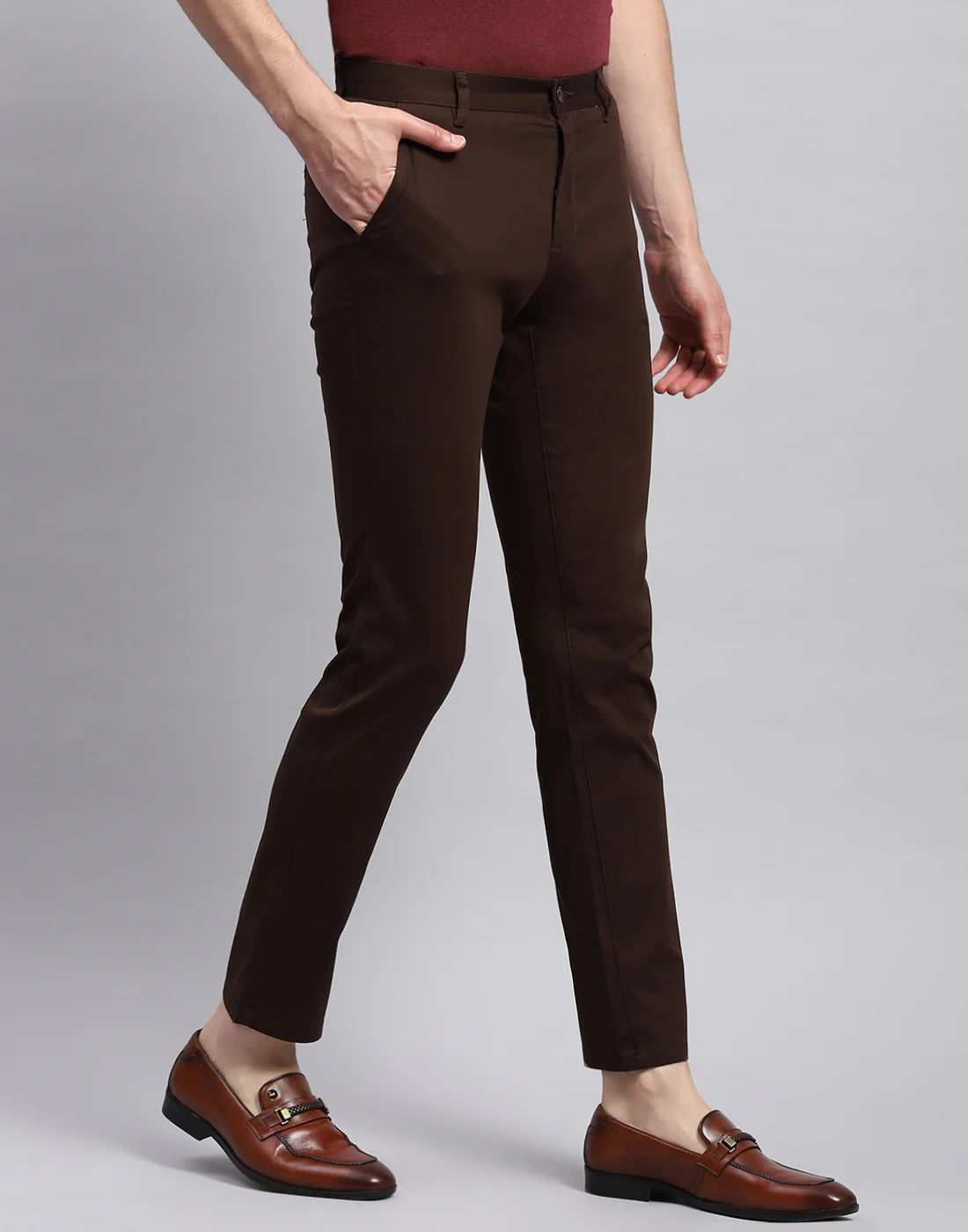 Men Brown Solid Regular Fit Trouser - Image 4