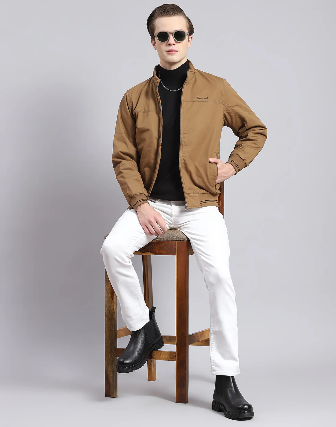 Men Brown Solid Stand Collar Full Sleeve Jacket - Image 2