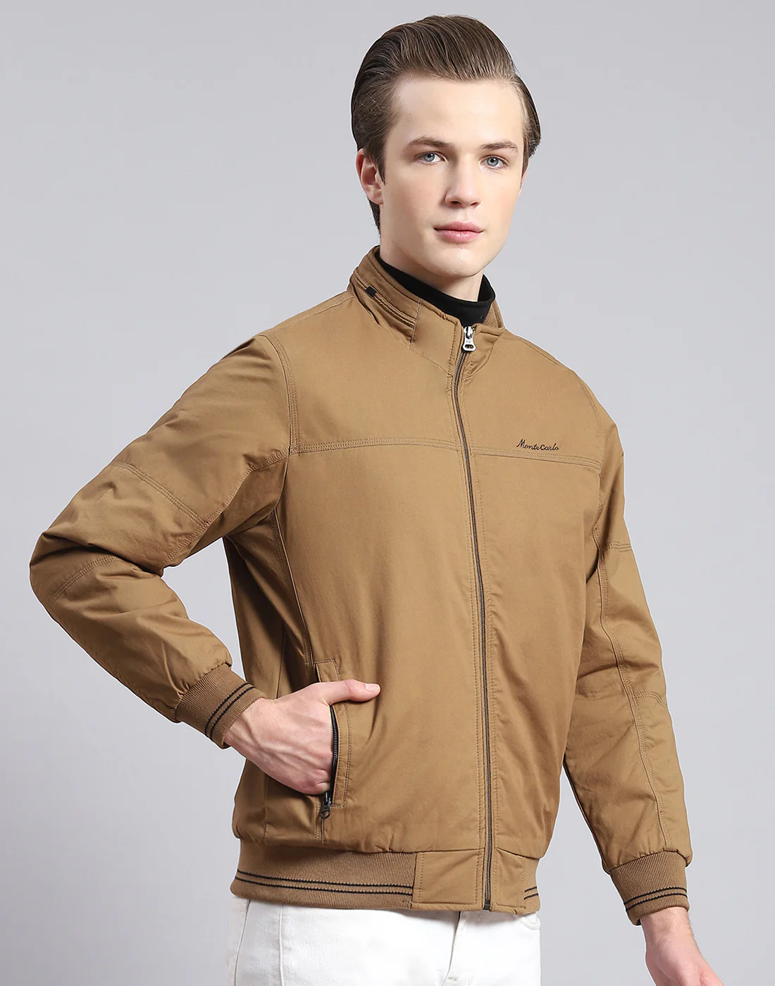 Men Brown Solid Stand Collar Full Sleeve Jacket - Image 4