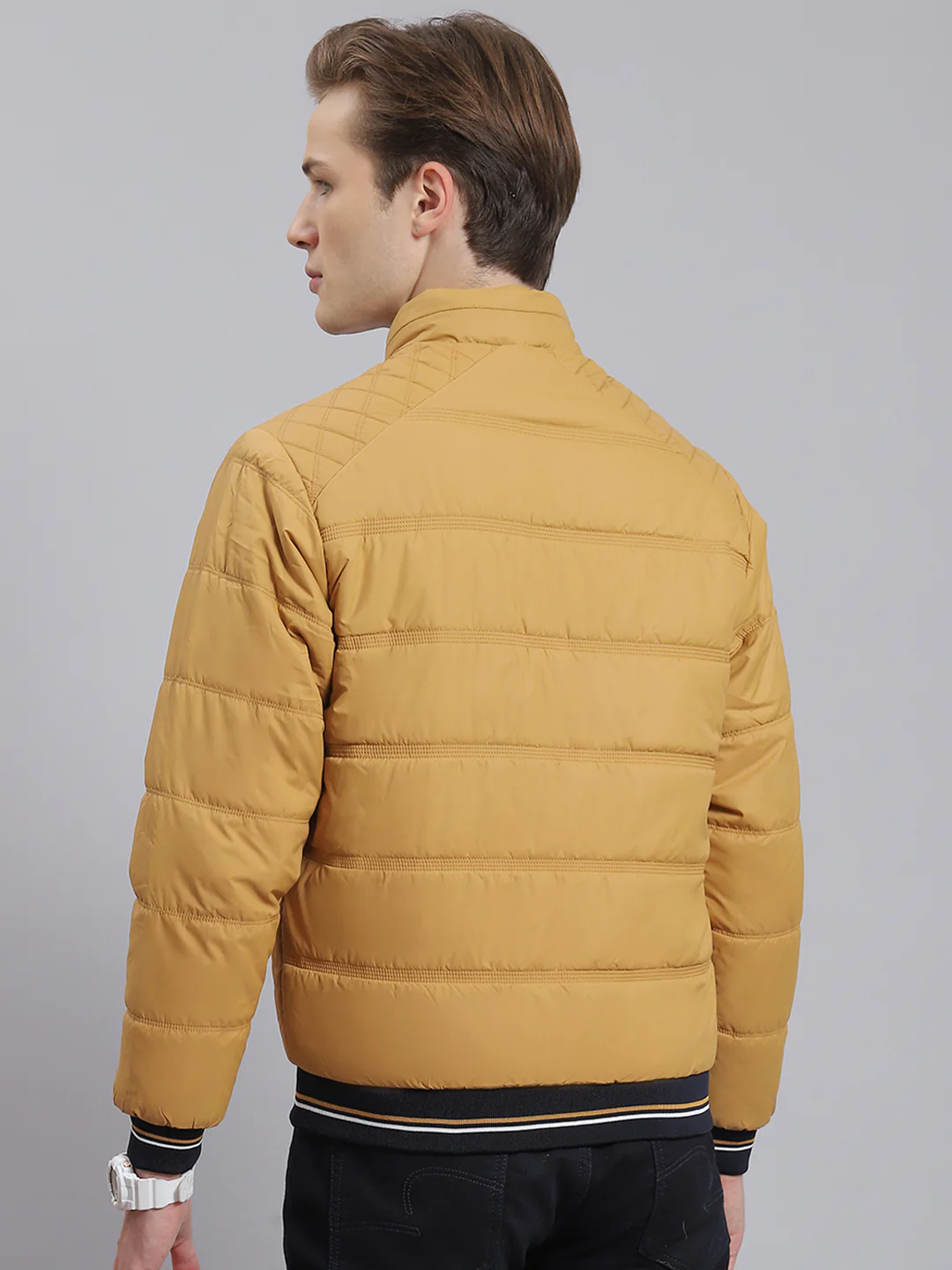 Men Brown Solid Stand Collar Full Sleeve Jacket - Image 6