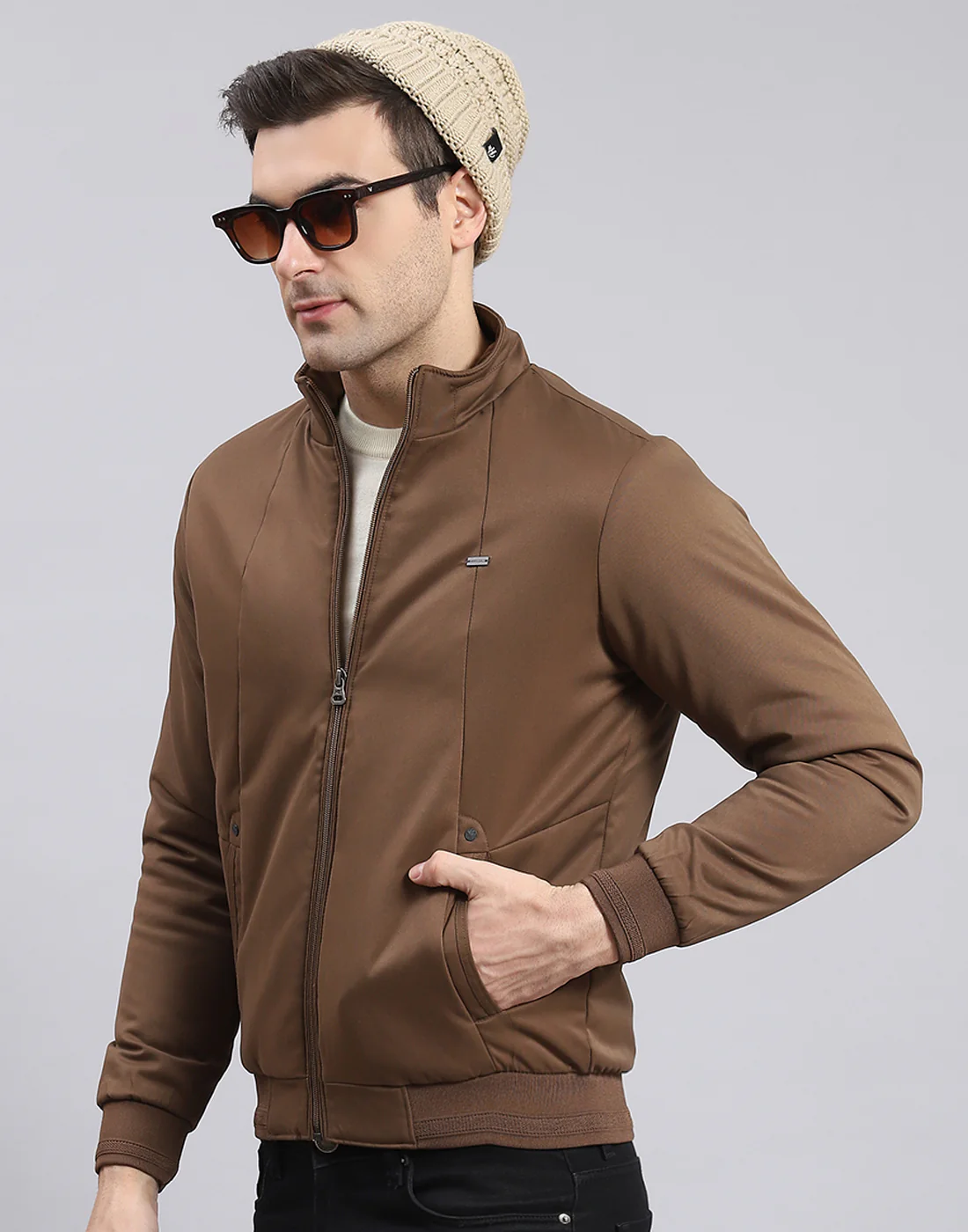 Men Brown Solid Stand Collar Full Sleeve Jacket - Image 4