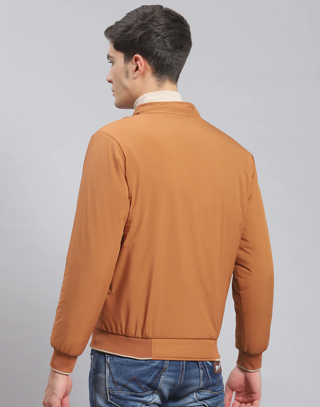 Men Brown Solid Stand Collar Full Sleeve Jacket - Image 5