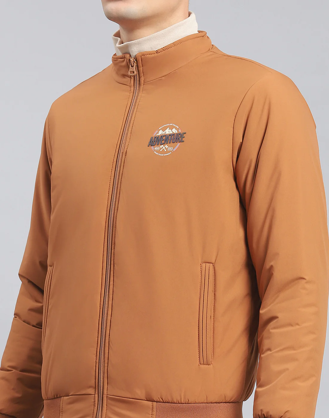 Men Brown Solid Stand Collar Full Sleeve Jacket - Image 6