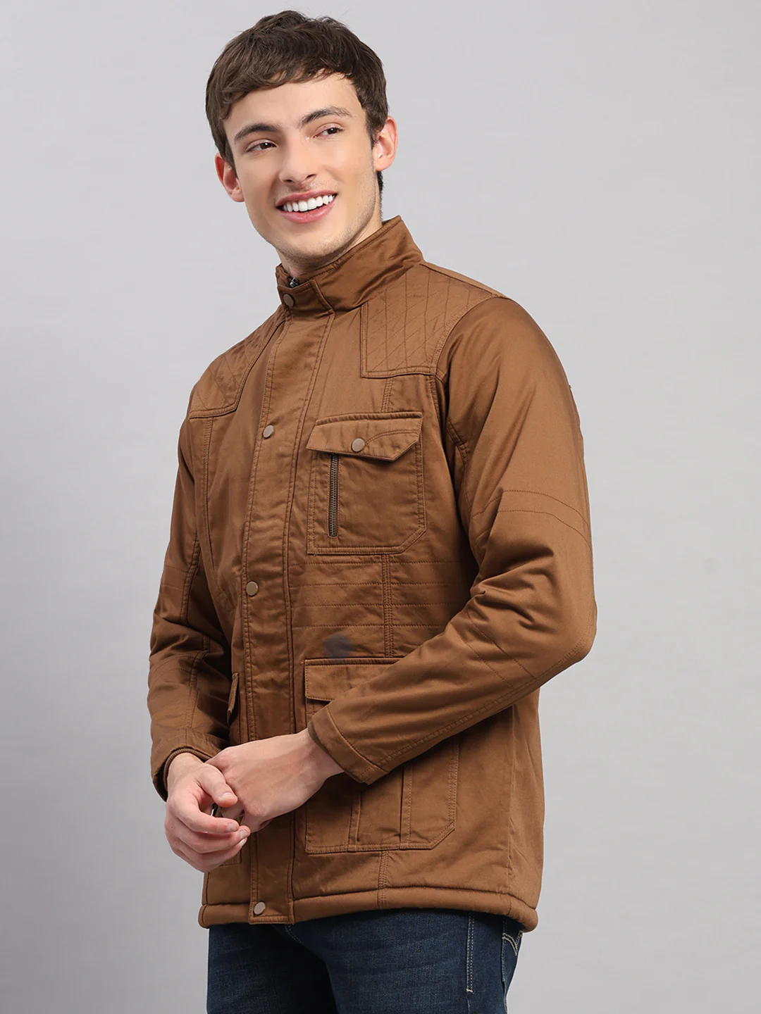 Men Brown Solid Stand Collar Full Sleeve Jacket - Image 3