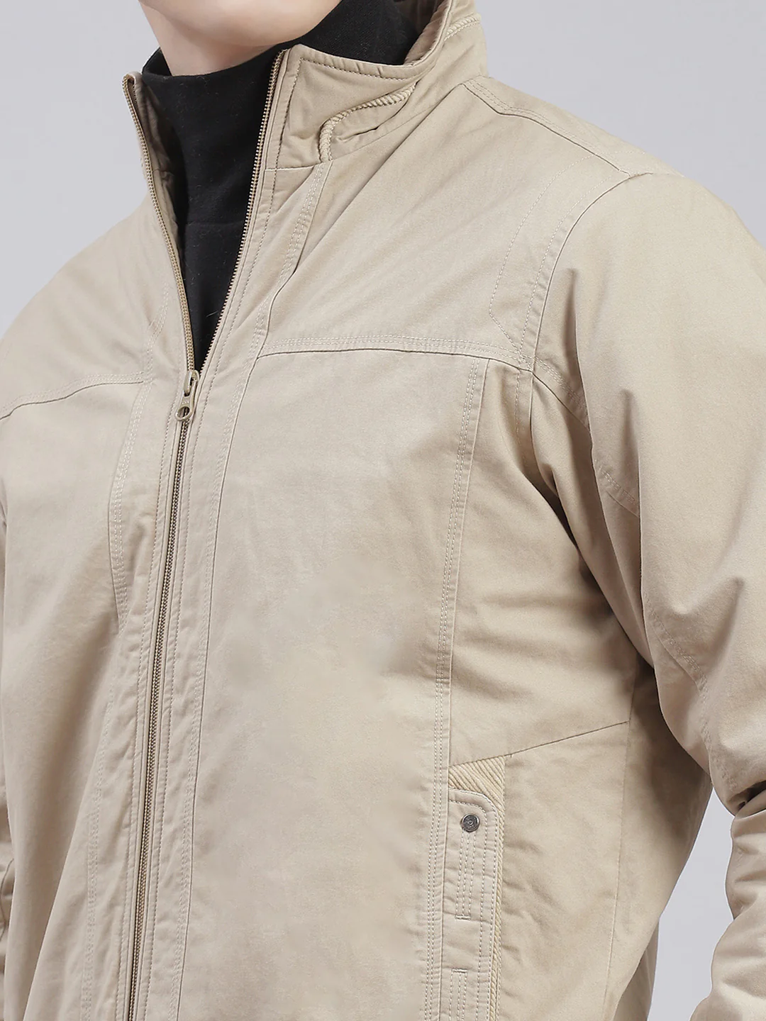Men Brown Solid Stand Collar Full Sleeve Jackets - Image 6