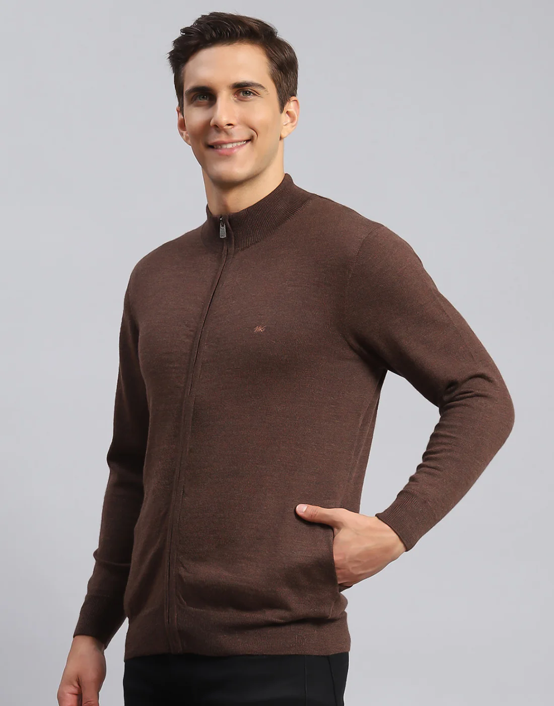 Men Brown Solid Stand Collar Full Sleeve Pullover - Image 3