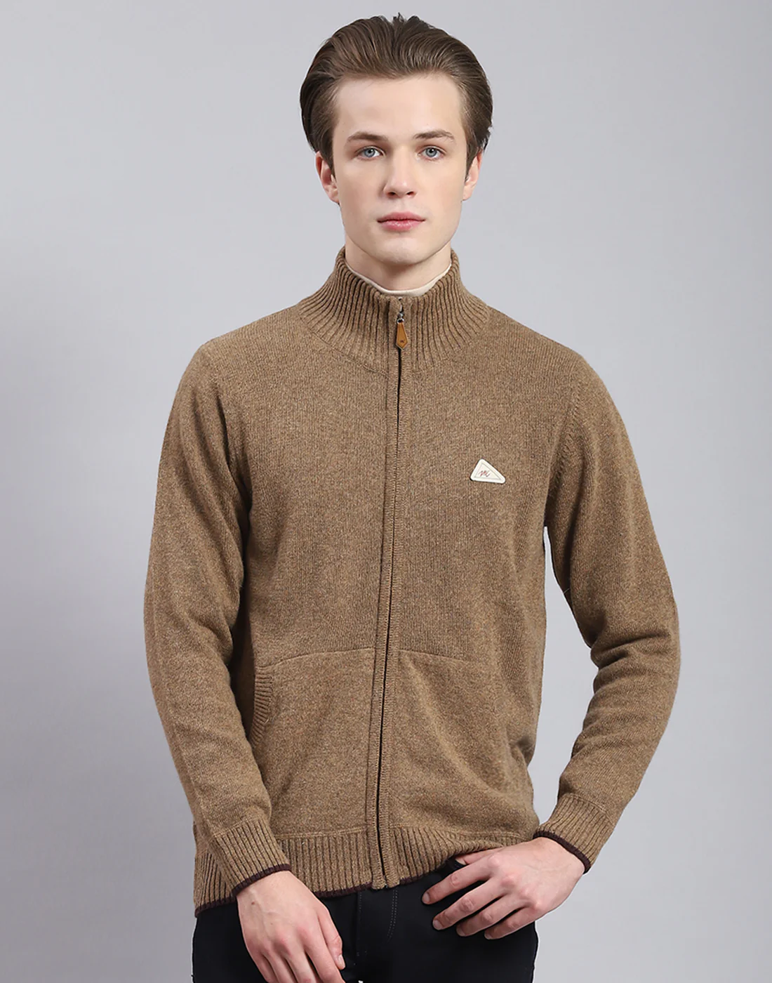 Men Brown Solid Stand Collar Full Sleeve Sweater - Image 3
