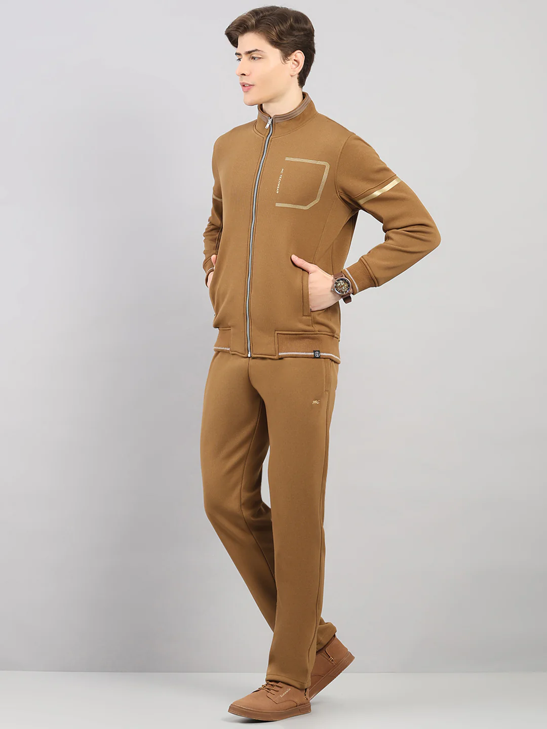 Men Brown Solid Stand Collar Full Sleeve Winter Tracksuit - Image 3