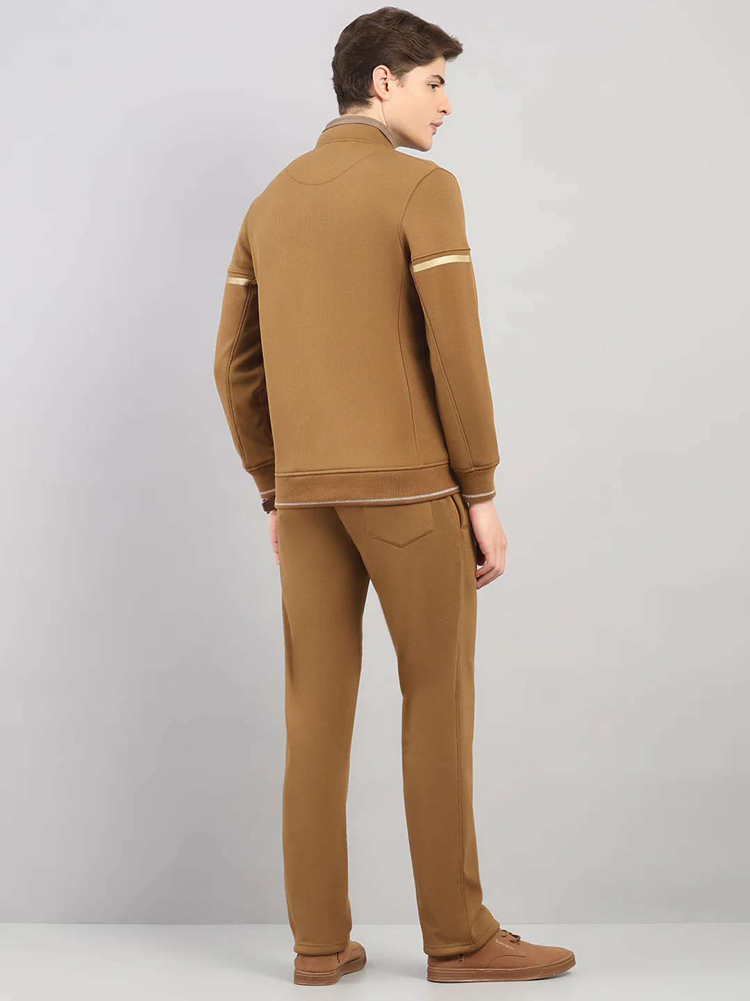 Men Brown Solid Stand Collar Full Sleeve Winter Tracksuit - Image 5