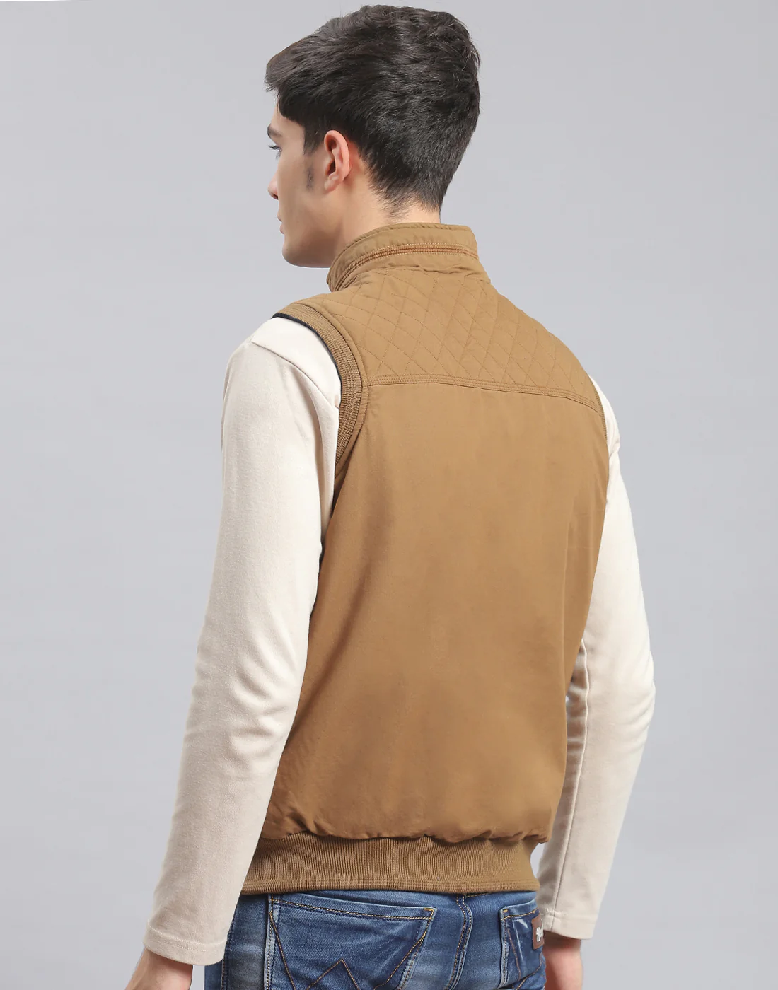 Men Brown Solid Stand Collar Sleeveless Jacket - Image 7