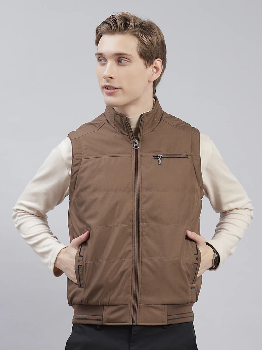 Men Brown Solid Stand Collar Sleeveless Jackets - Image 4