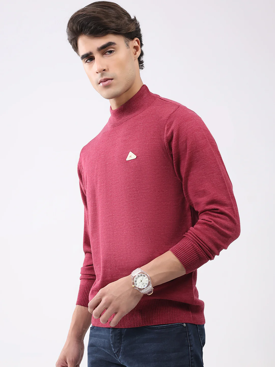 Men Brown Solid T Neck Full Sleeve Pullover - Image 3