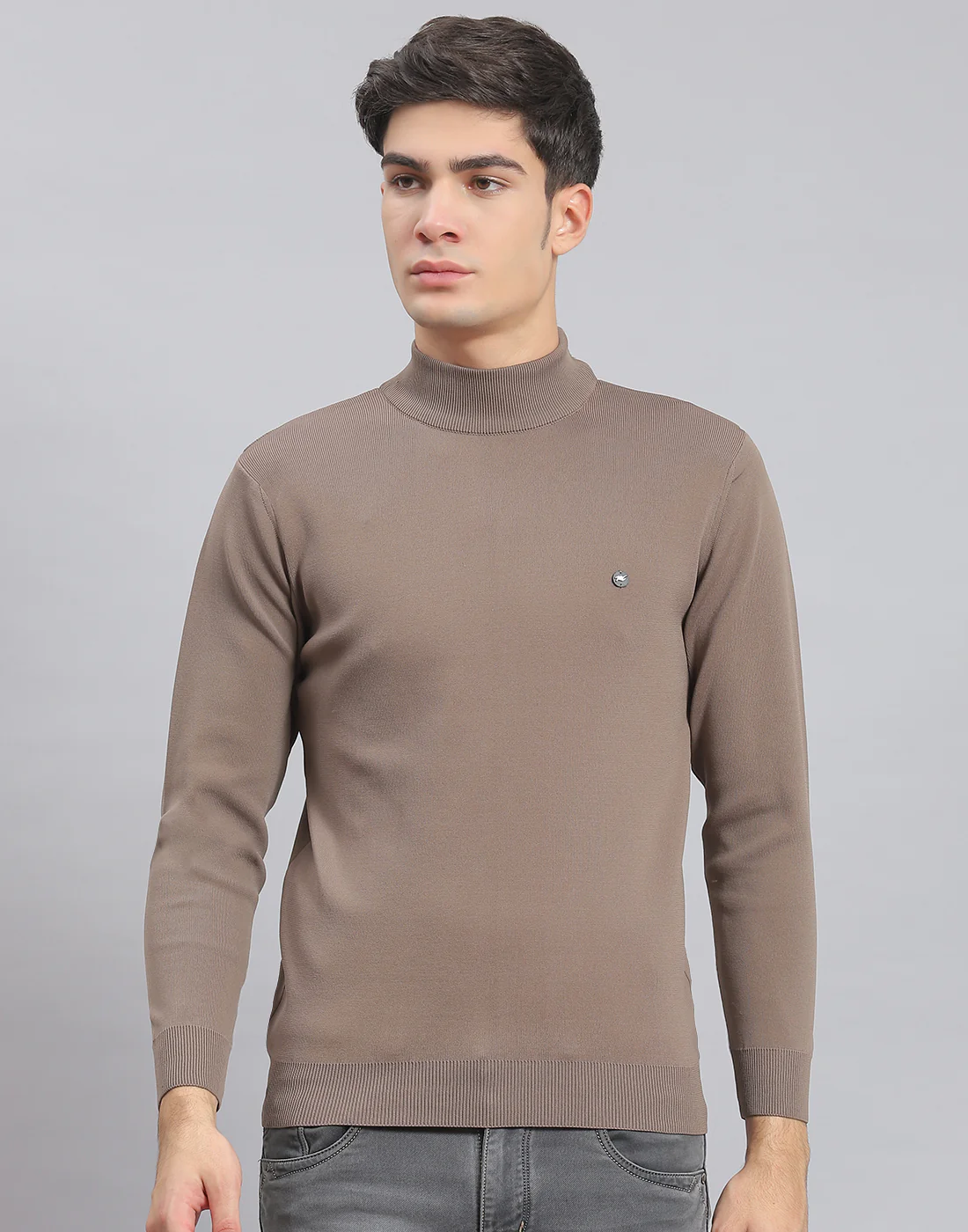 Men Brown Solid T Neck Full Sleeve Sweater - Image 3