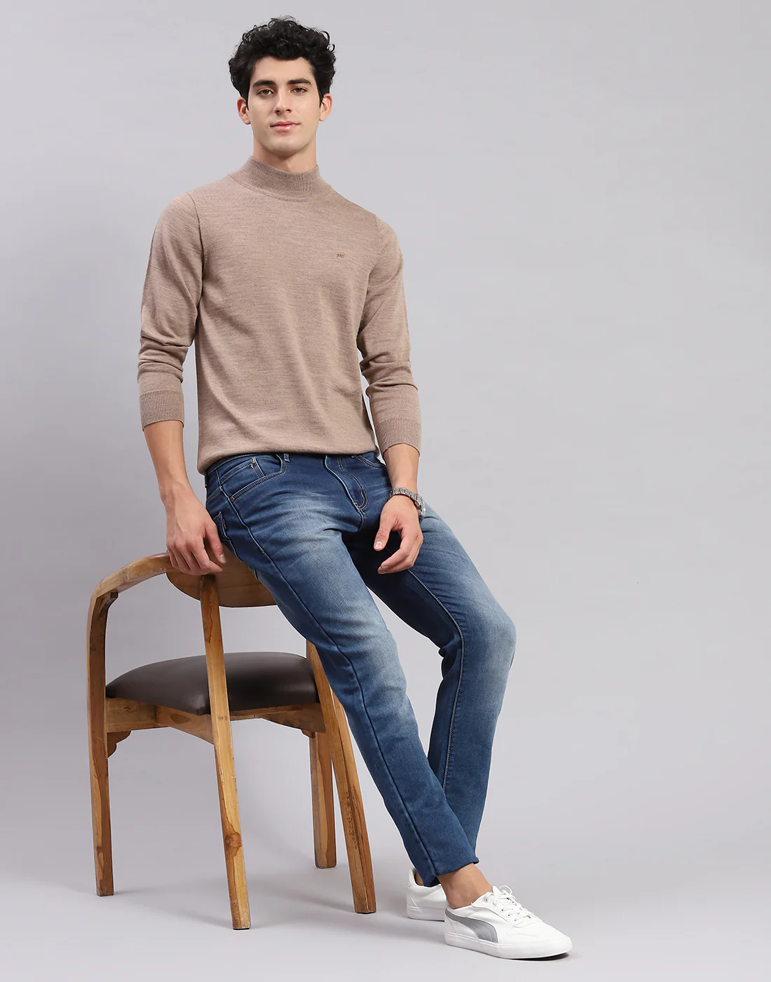 Men Brown Solid T Neck Full Sleeve Sweaters/Pullovers - Image 2