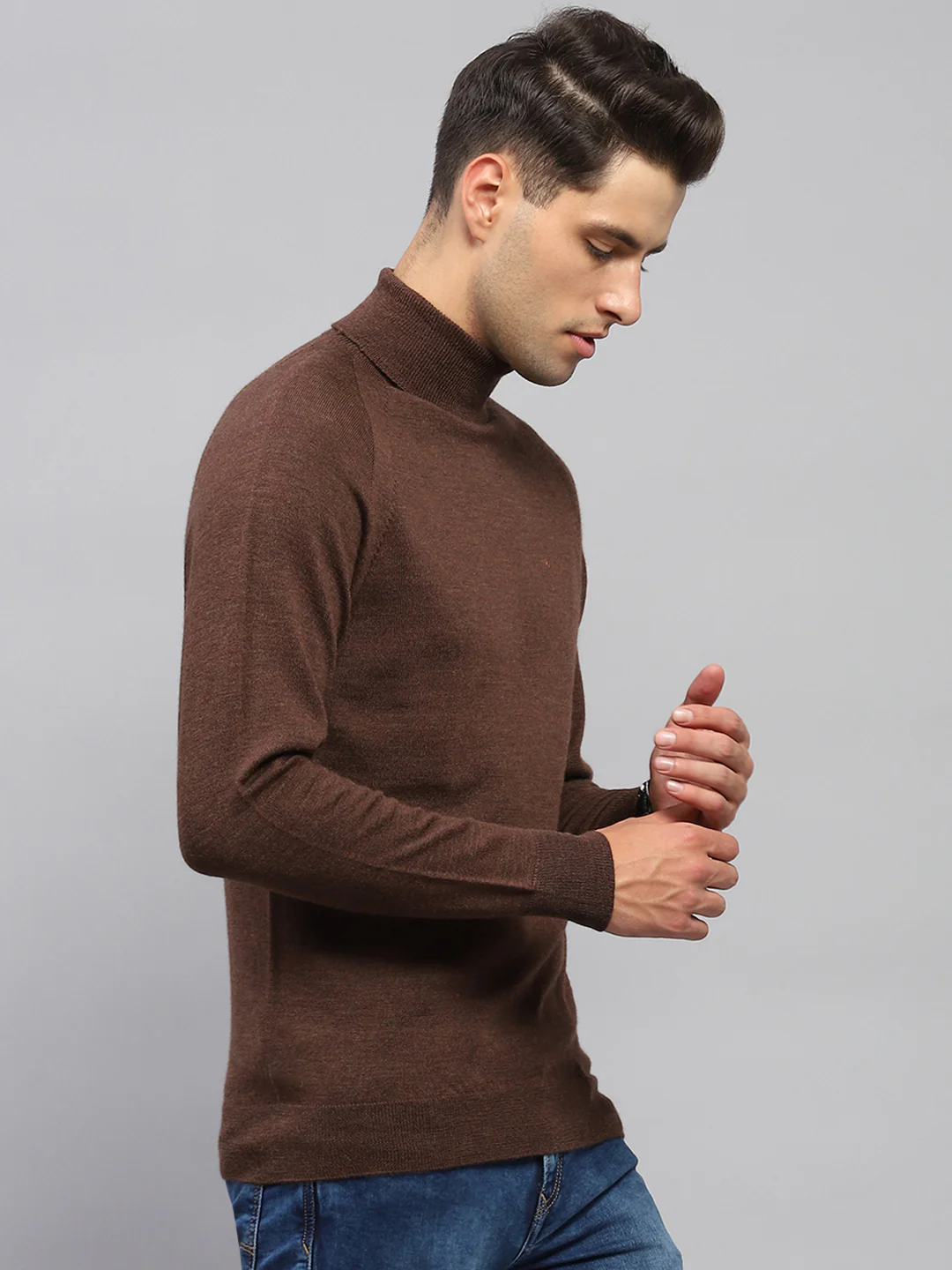 Men Brown Solid Turtle Neck Full Sleeve Pullover - Image 4