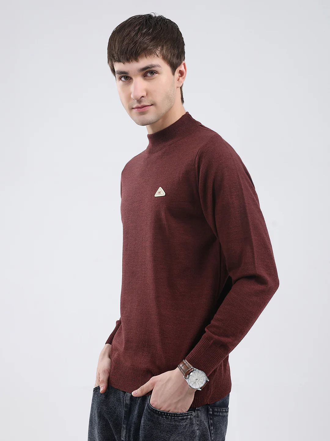 Men Brown Solid Turtle Neck Full Sleeve Pullover - Image 3