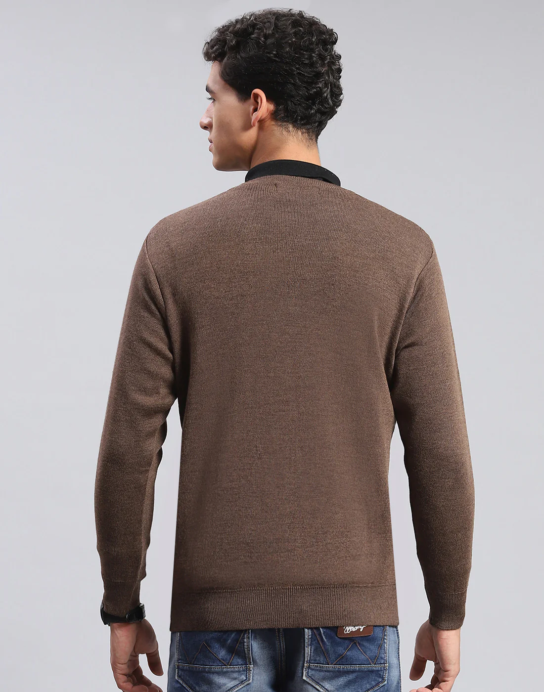 Men Brown Solid V Neck Full Sleeve Pullover - Image 6