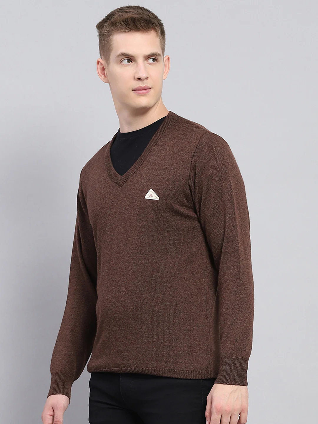 Men Brown Solid V Neck Full Sleeve Pullover - Image 3