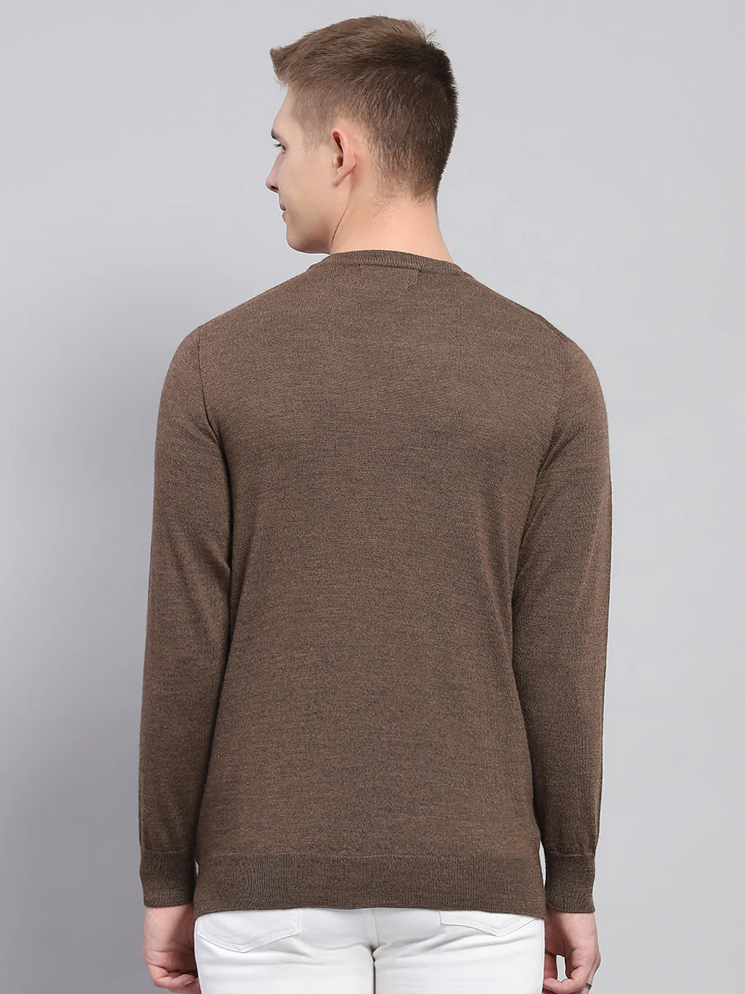 Men Brown Solid V Neck Full Sleeve Pullover - Image 5