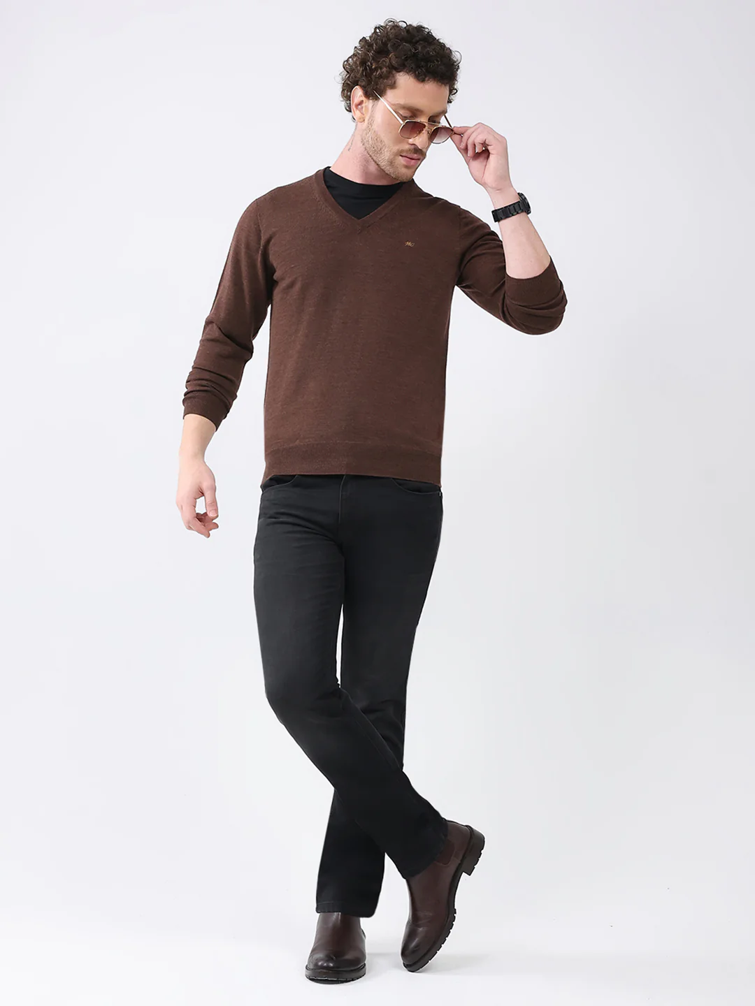 Men Brown Solid V Neck Full Sleeve Pullover - Image 2