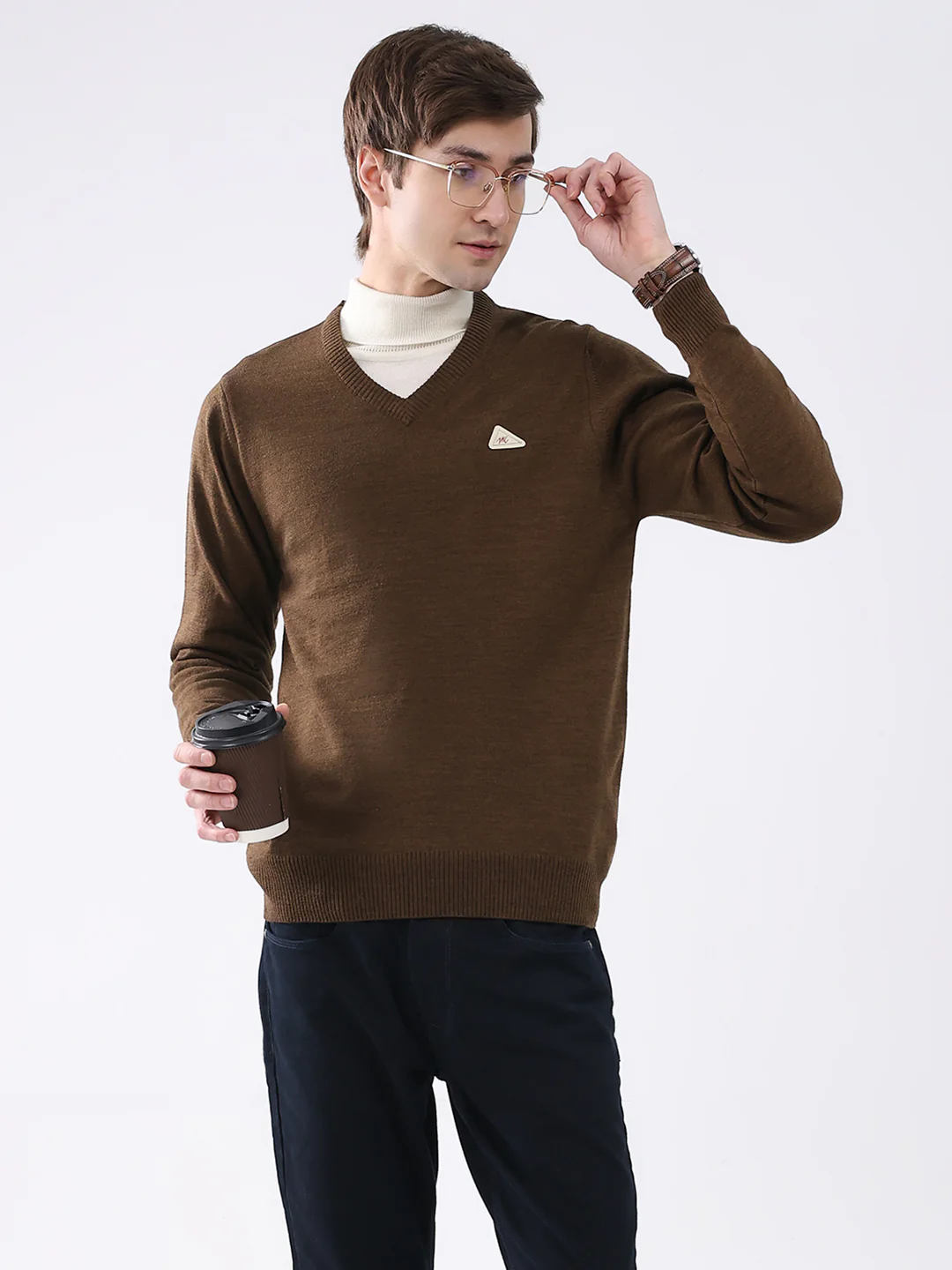 Men Brown Solid V Neck Full Sleeve Pullover - Image 6