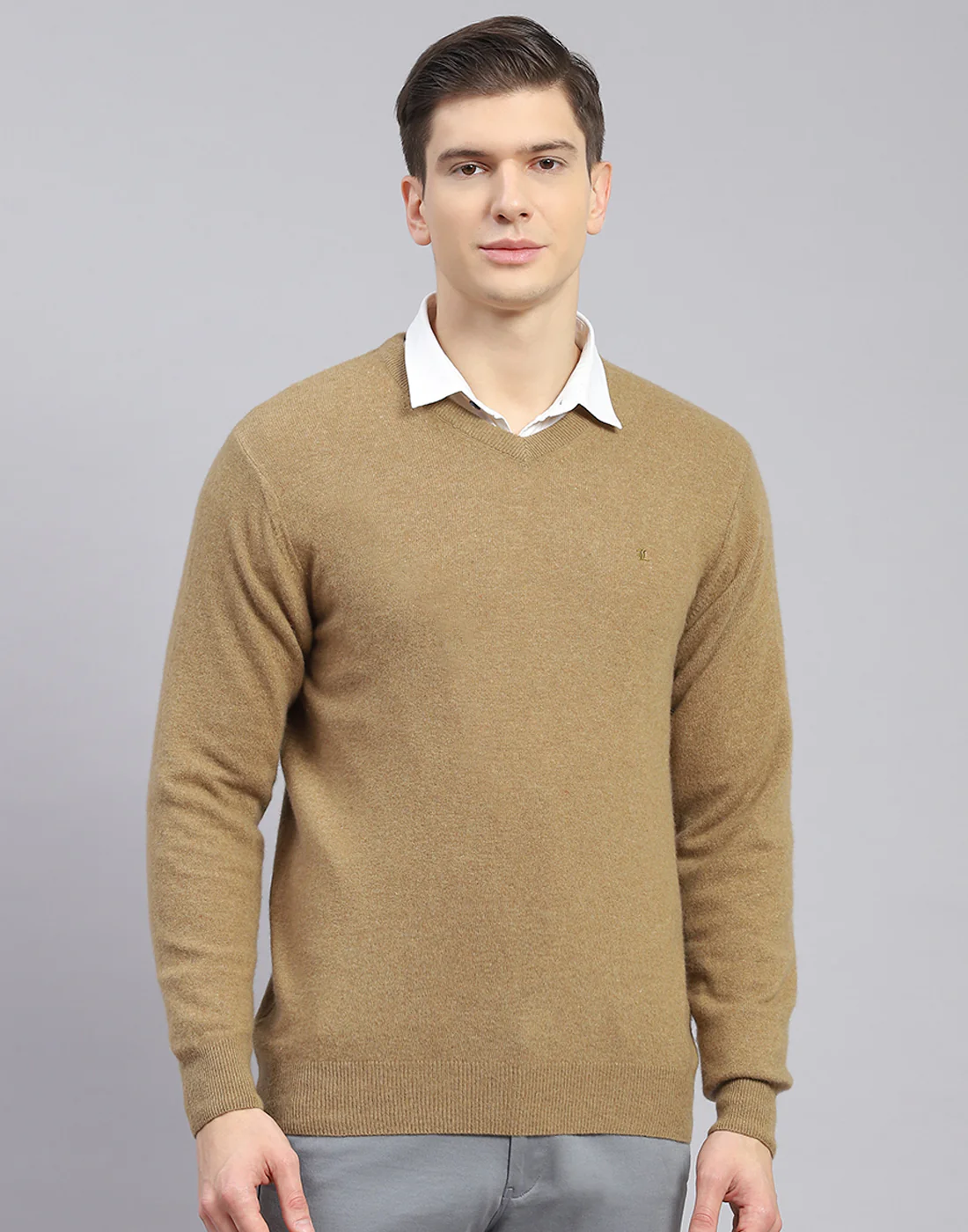 Men Brown Solid V Neck Full Sleeve Sweater - Image 3
