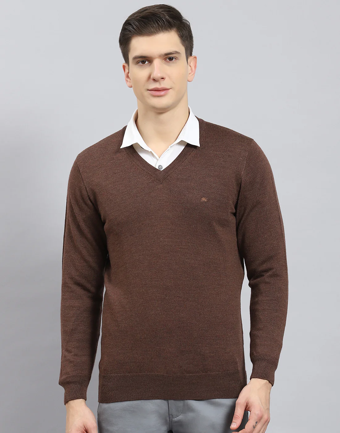 Men Brown Solid V Neck Full Sleeve Sweater - Image 3