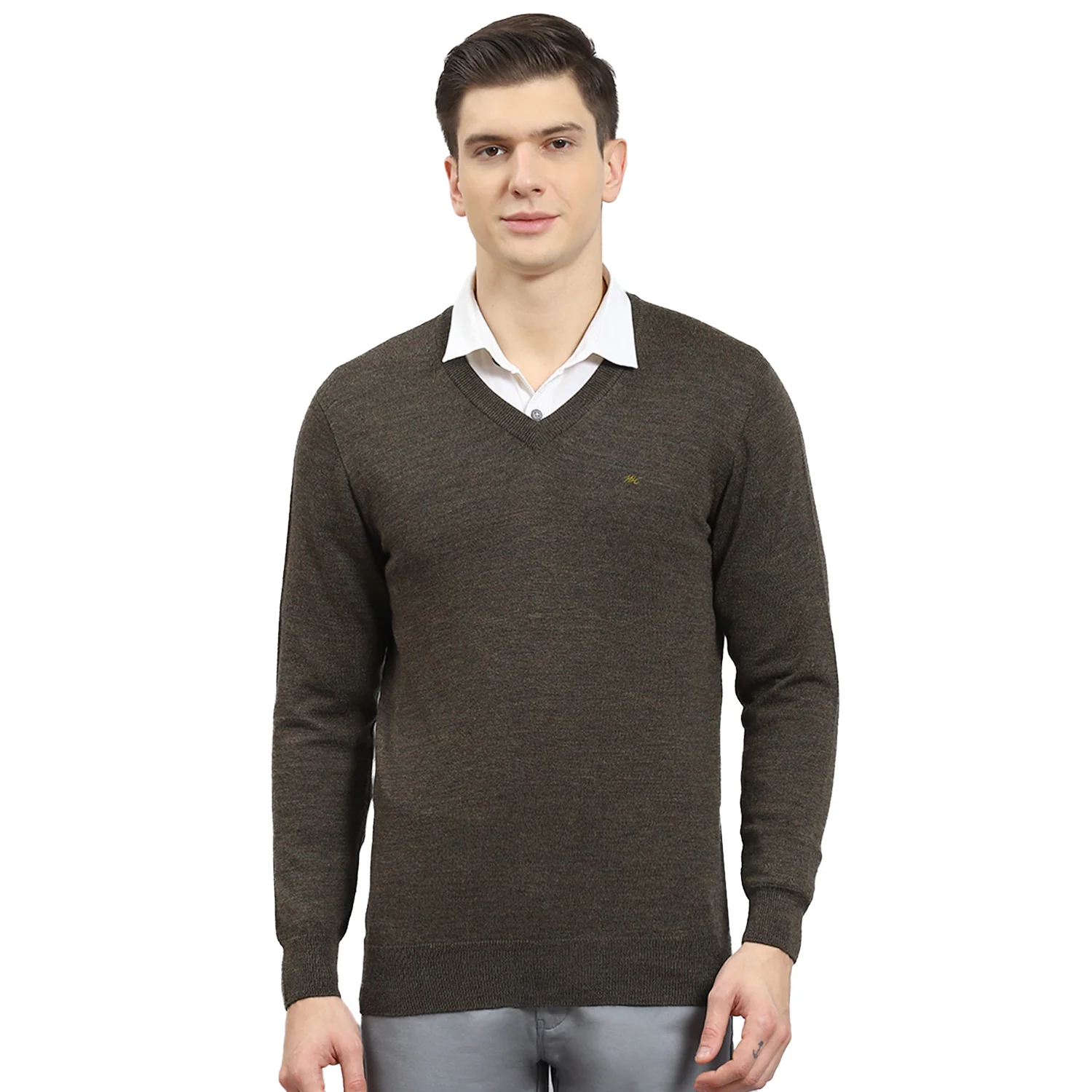Men Brown Solid V Neck Full Sleeve Sweater - Image 5