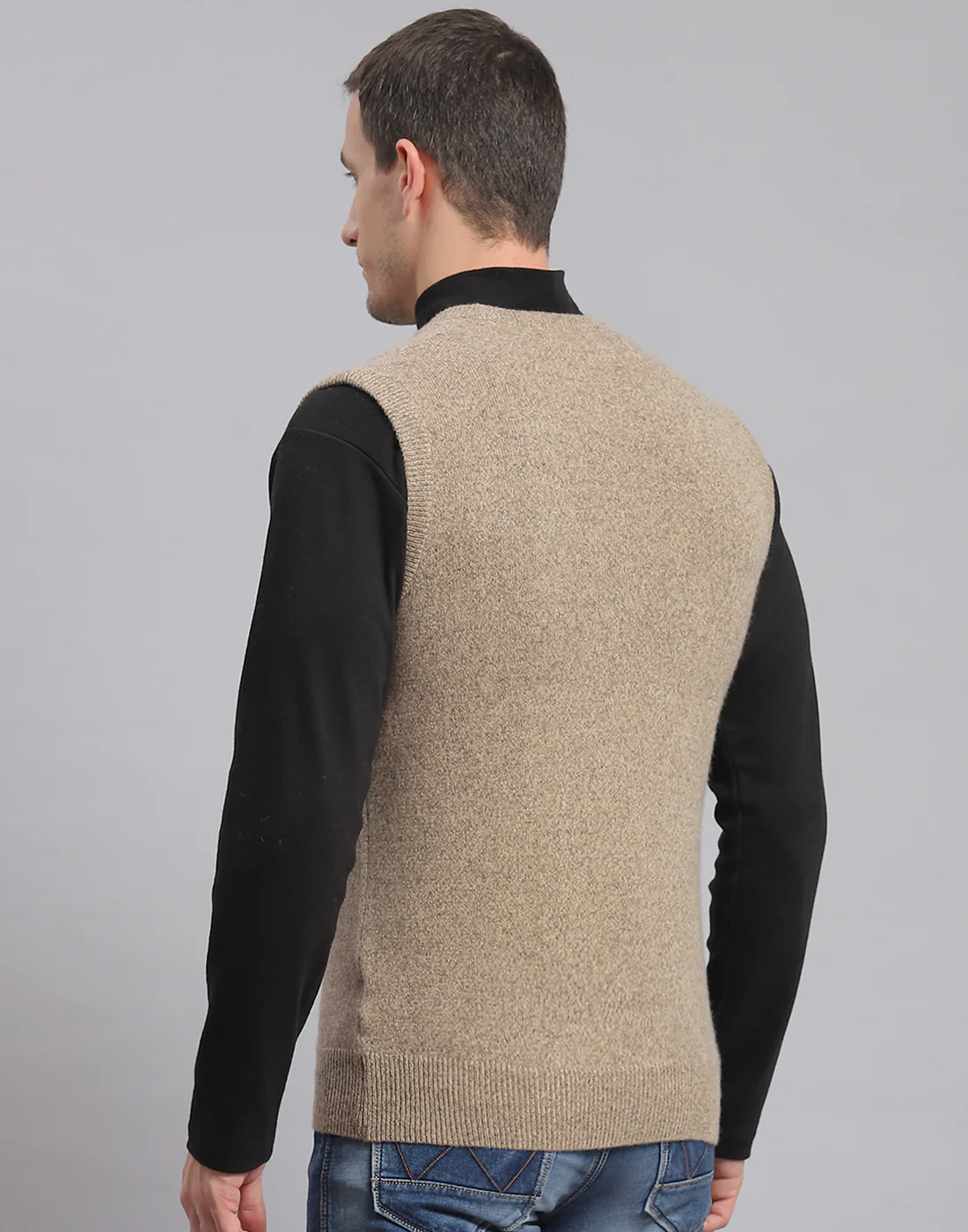 Men Brown Solid V Neck Sleeveless Sweater - Image 6