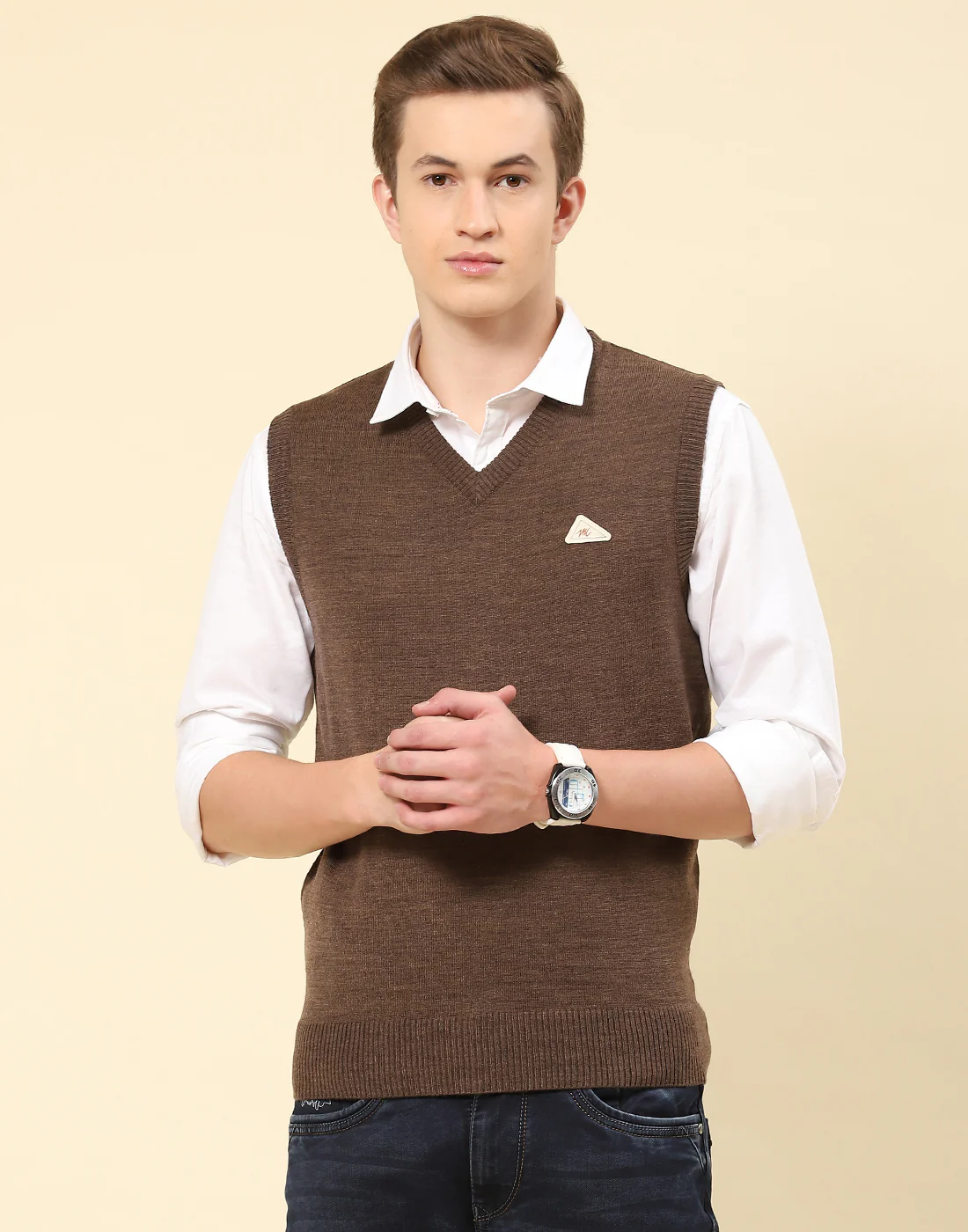Men Brown Solid V Neck Sleeveless Sweater - Image 3