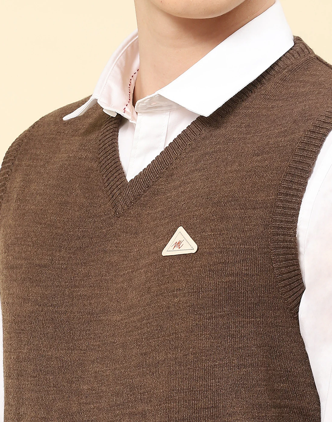 Men Brown Solid V Neck Sleeveless Sweater - Image 6