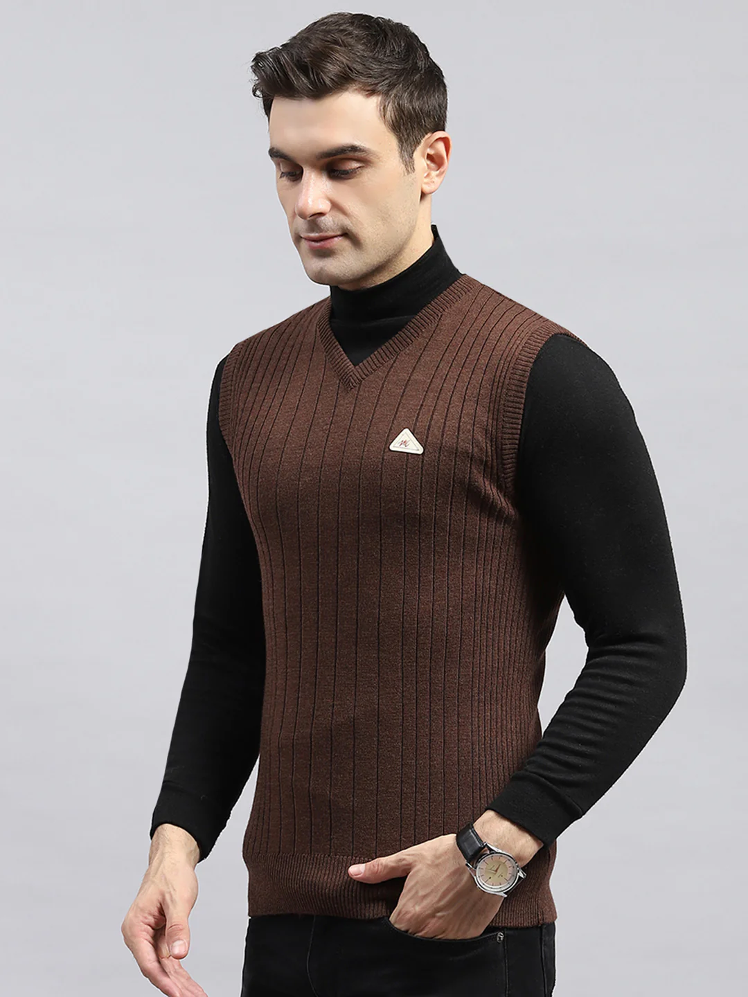 Men Brown Solid V Neck Sleeveless Sweater - Image 3
