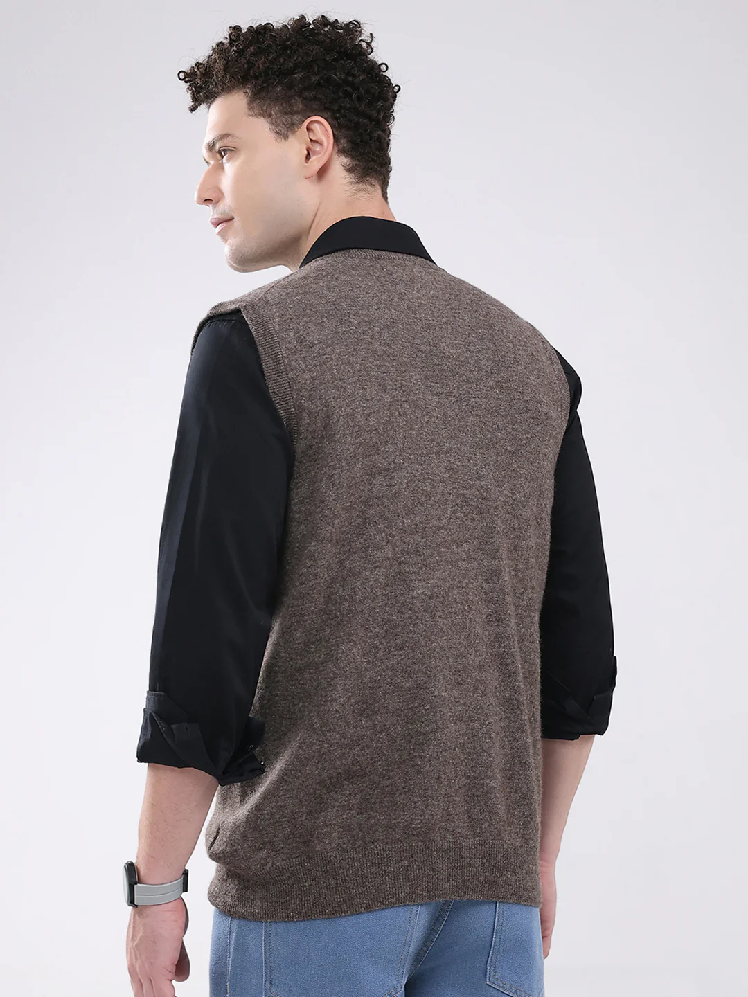 Men Brown Solid V Neck Sleeveless Sweater - Image 5