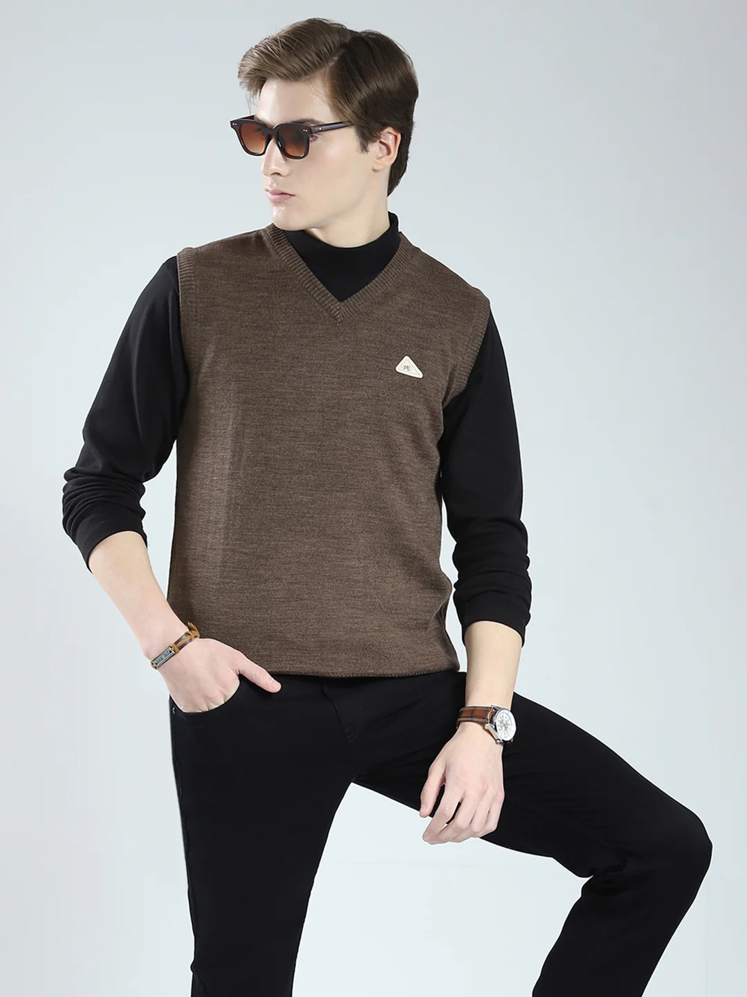 Men Brown Solid V Neck Sleeveless Sweater - Image 6
