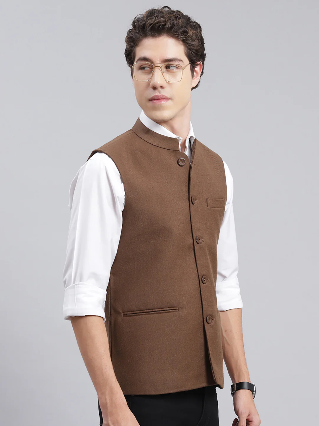 Men Brown Solid Wool blend Coat - Image 4