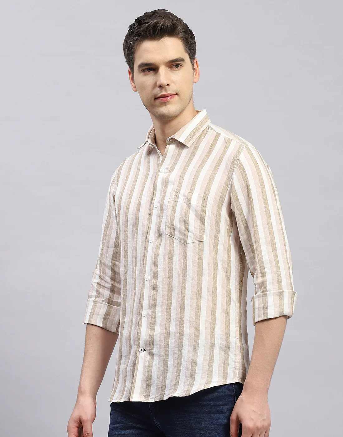 Men Brown Stripe Collar Full Sleeve Linen Shirt - Image 3