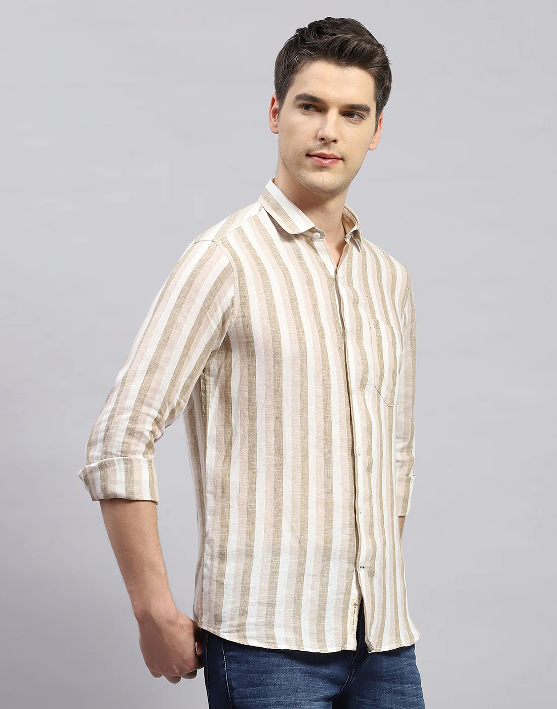 Men Brown Stripe Collar Full Sleeve Linen Shirt - Image 4