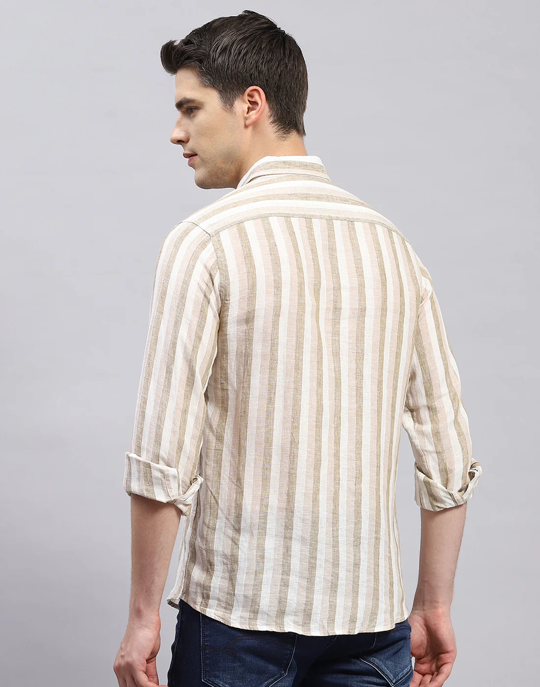 Men Brown Stripe Collar Full Sleeve Linen Shirt - Image 5