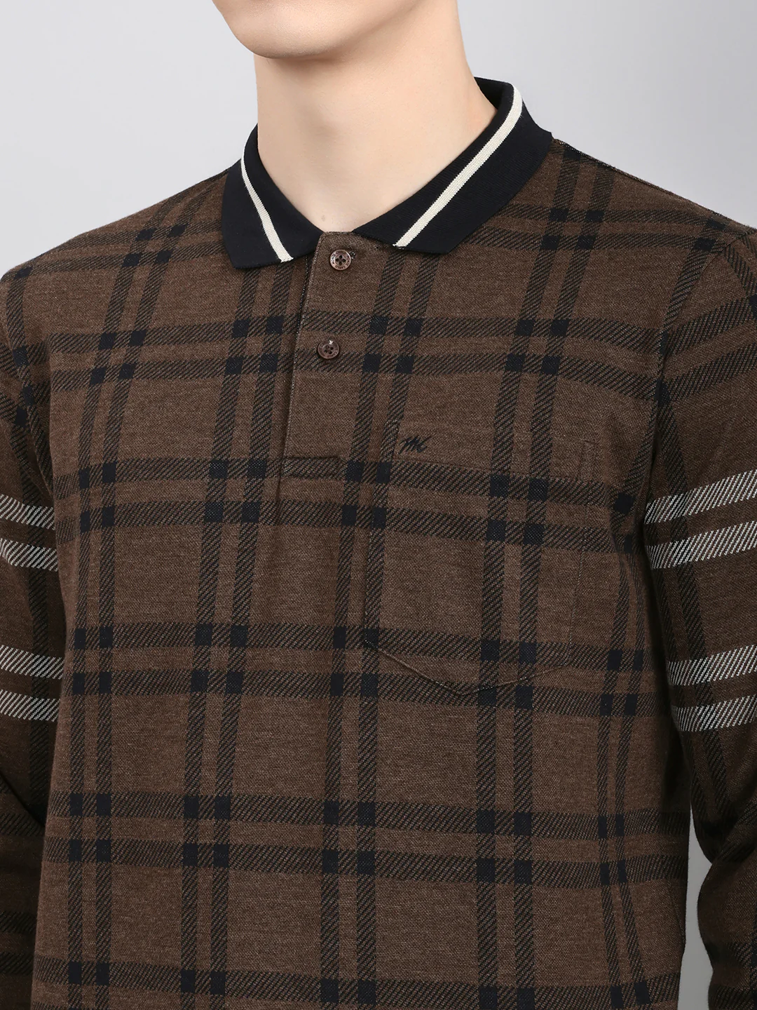 Men Brown Stripe Collar Full Sleeve Winter T-Shirt - Image 4