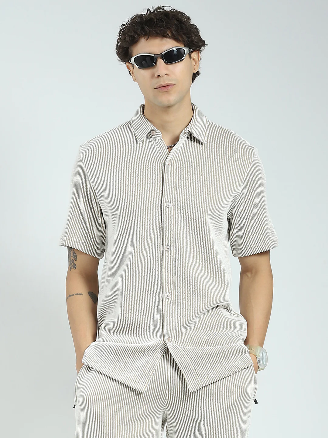 Rock.it Men Brown Stripe Collar Half Sleeve Cords Set - Image 6