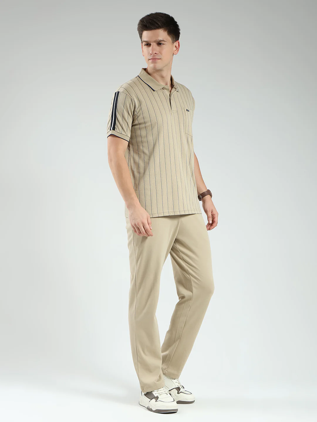 Men Brown Stripe Collar Half Sleeve Lower Set - Image 4