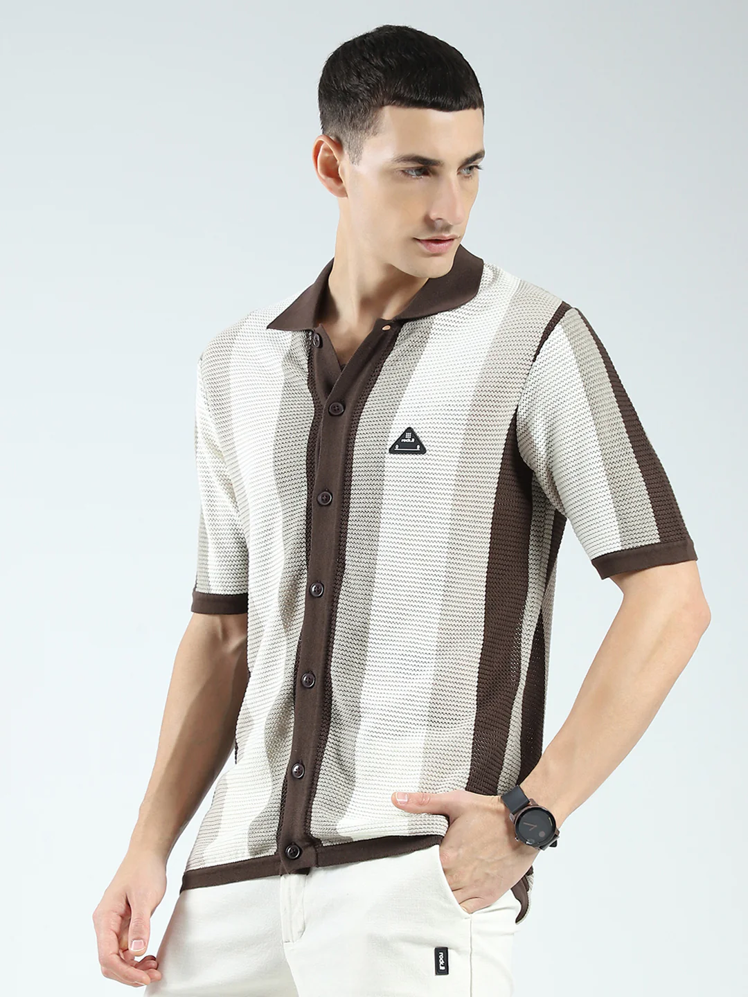 Rock.it Men Brown Stripe Collar Half Sleeve Shirt - Image 3