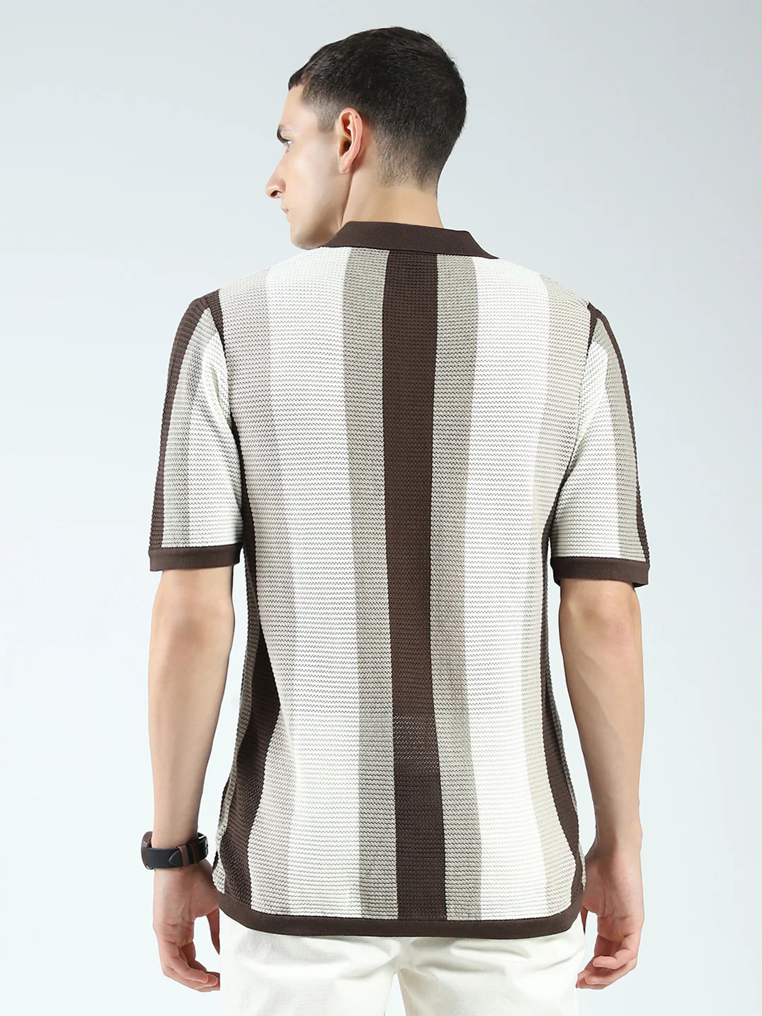 Rock.it Men Brown Stripe Collar Half Sleeve Shirt - Image 5