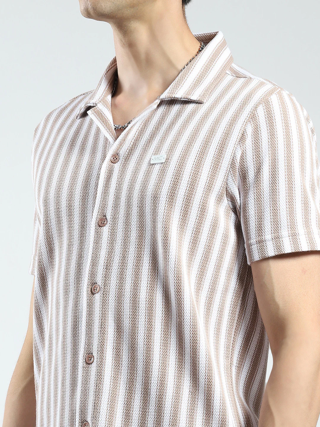 Men Brown Stripe Collar Half Sleeve Shirt - Image 6