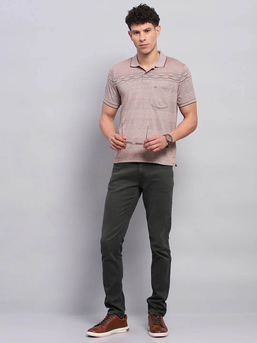 Men Brown Stripe Collar Half Sleeve T-Shirt - Image 2