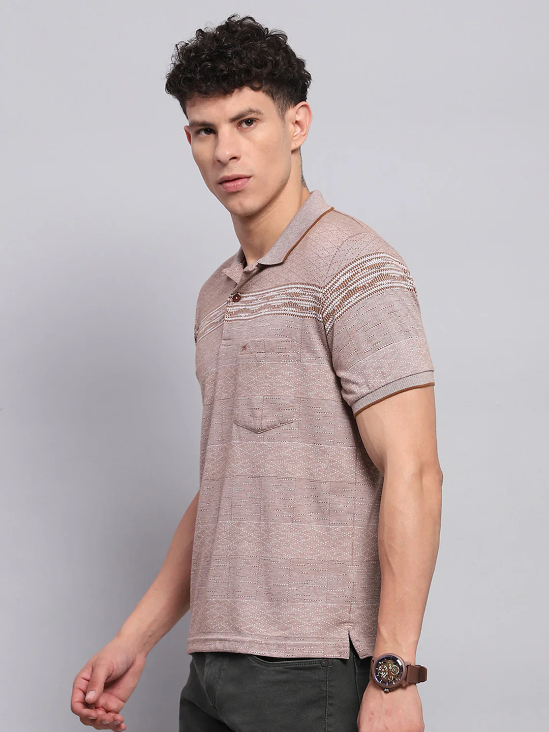 Men Brown Stripe Collar Half Sleeve T-Shirt - Image 3