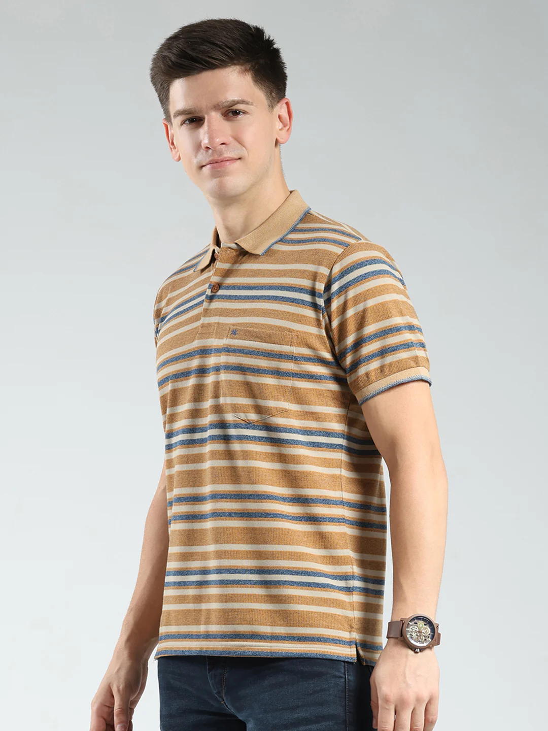 Men Brown Stripe Collar Half Sleeve T-Shirt - Image 3