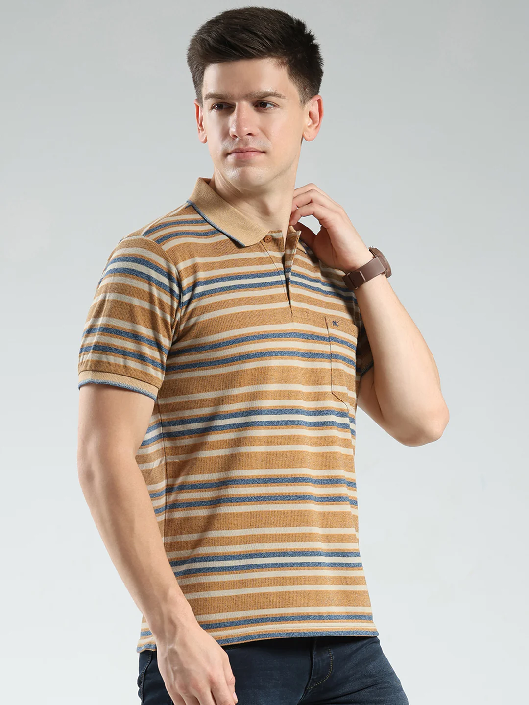 Men Brown Stripe Collar Half Sleeve T-Shirt - Image 4