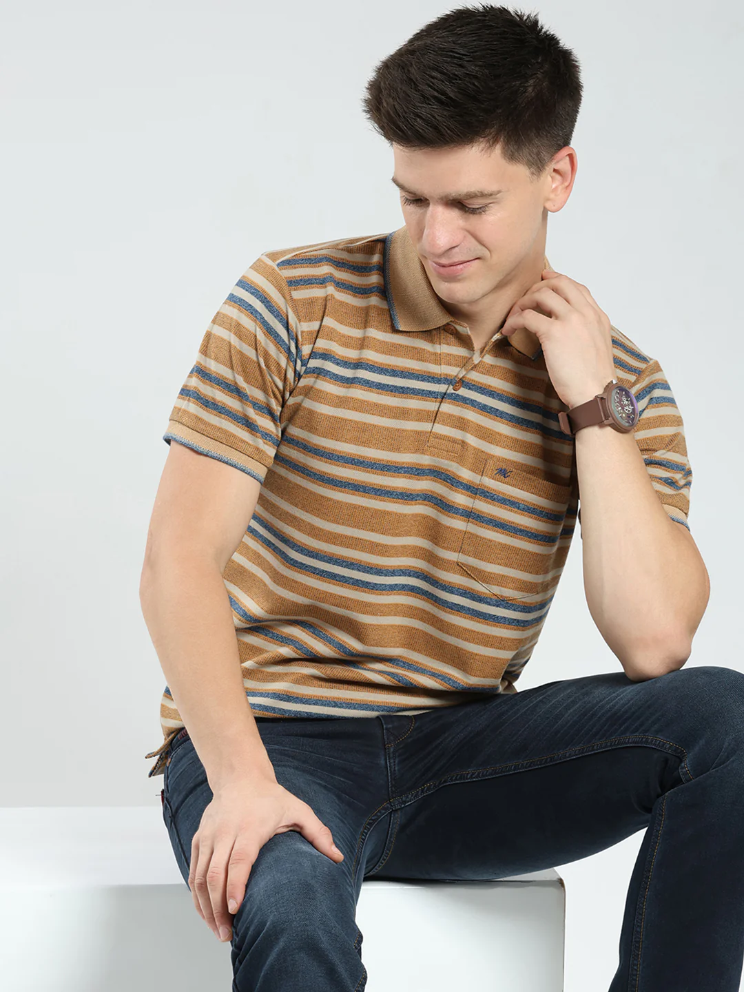 Men Brown Stripe Collar Half Sleeve T-Shirt - Image 6